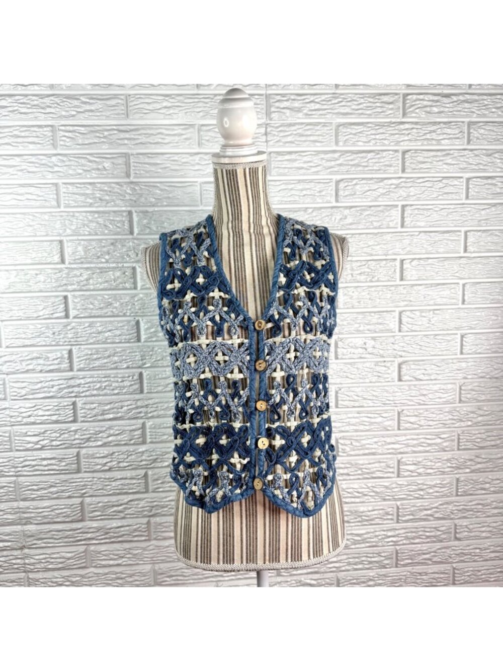 Vintage New Directions Woven Lattice Denim Vest Blue White Petite Size Small